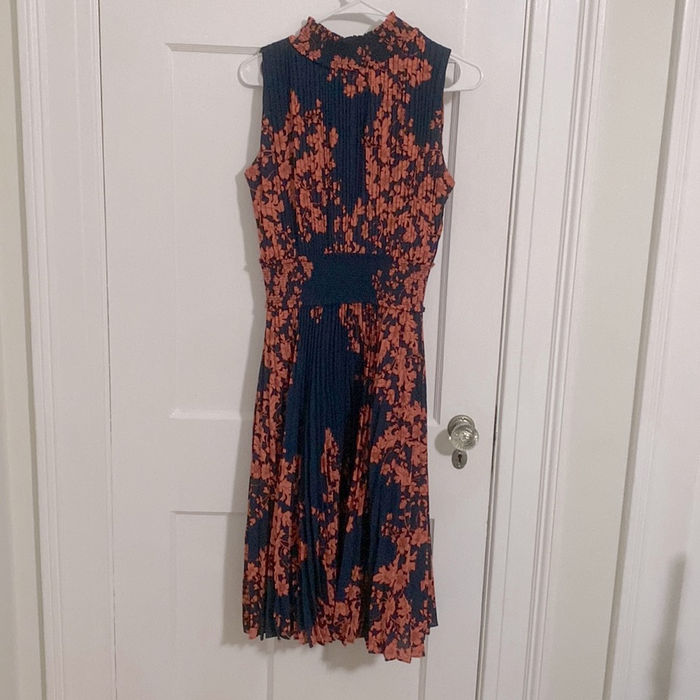 Nanette Lepore navy midi dress with orange/salmon flowers
